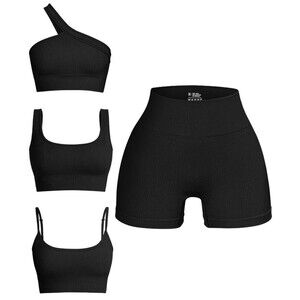 OQQ 4 Piece Matching Active Shorts/Bras Set Women Large Stretch Slimming Ribbed